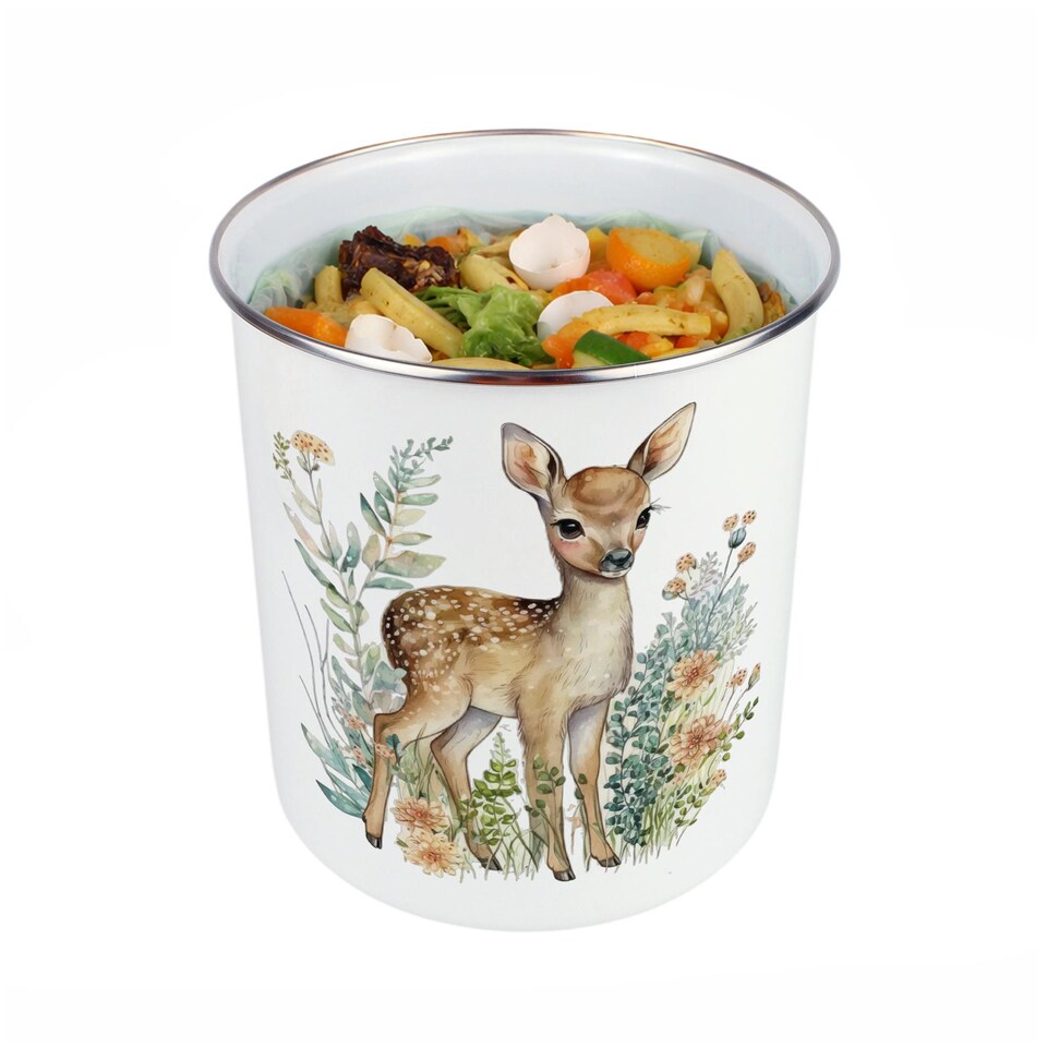 image 1 of Floral Deer Food Waste Caddy - Metal 2L Decorative Kitchen Compost Bin