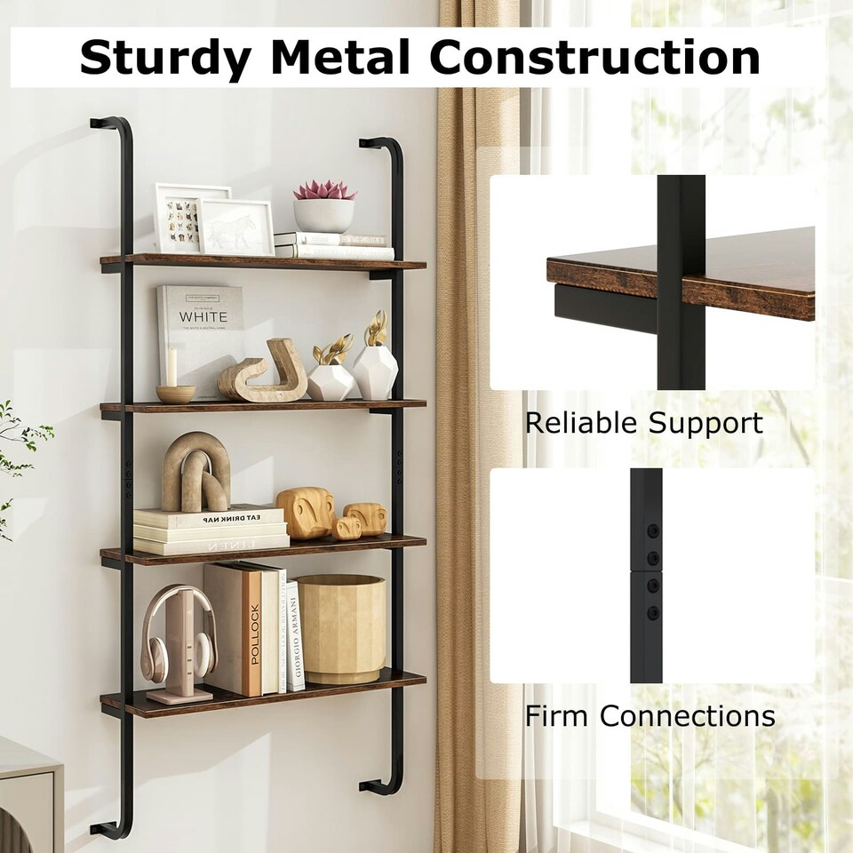 image 1 of COSTWAY 4-Tier Shelving Wall Mounted Wood Bookcasw Brown
