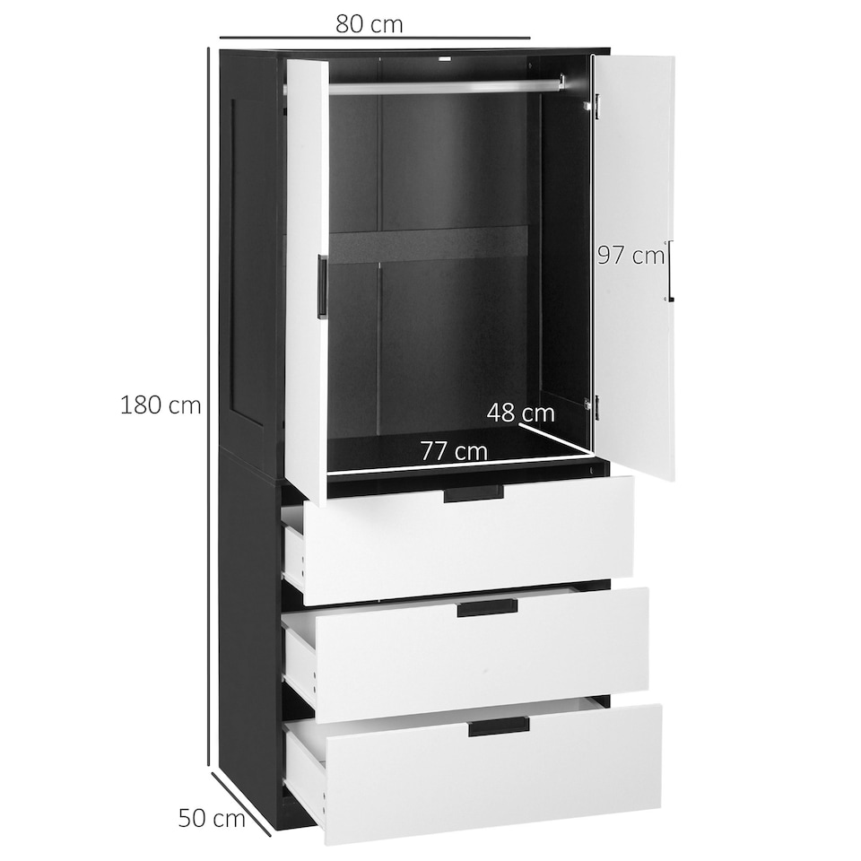 image 1 of HOMCOM 2 Door Wardrobe with 3 Drawer and Soft Closing Hinge for Bedroom