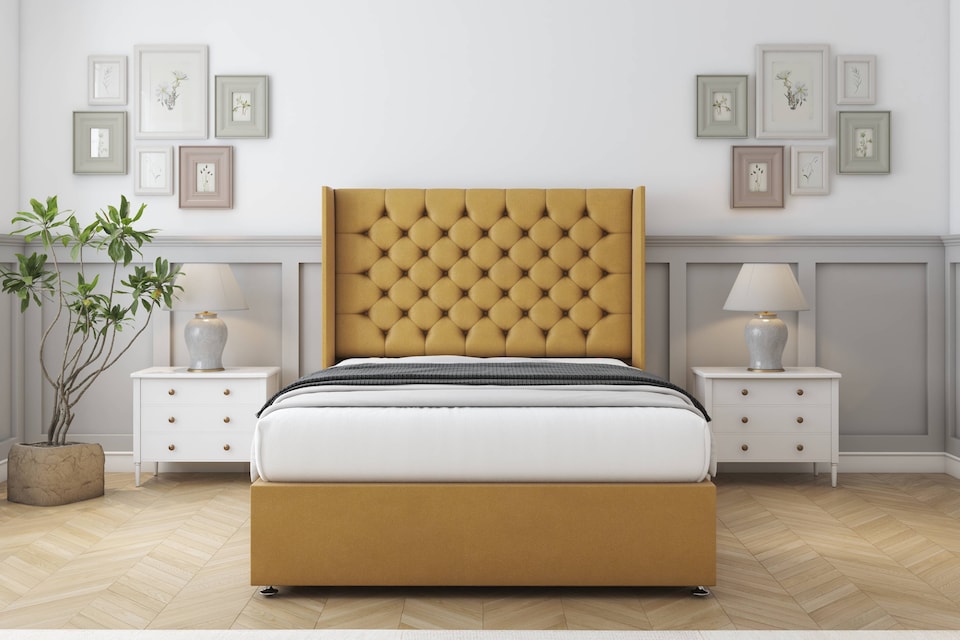 image 1 of Sloomy Dior Mustard Plush Divan Bed With Mattress No Drawers With 54" Wingback Headboard 6' Super King | Gold | Mustard | Super King | 1