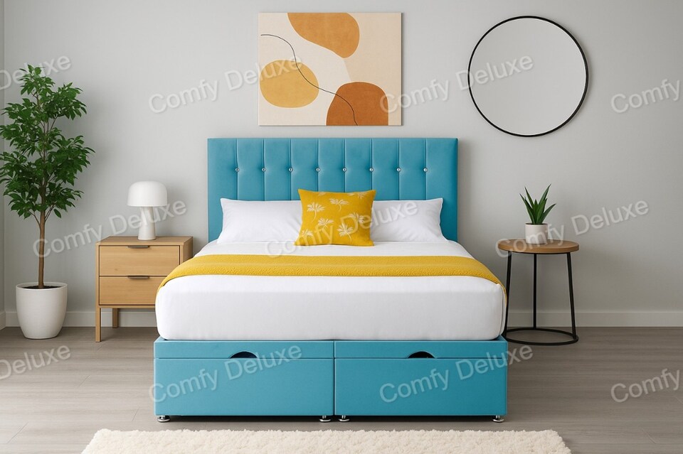 image 1 of Ottoman Under Bed Storage 4ft6 Double Sky Blue Plush Bed Set with Headboard and Mattress
