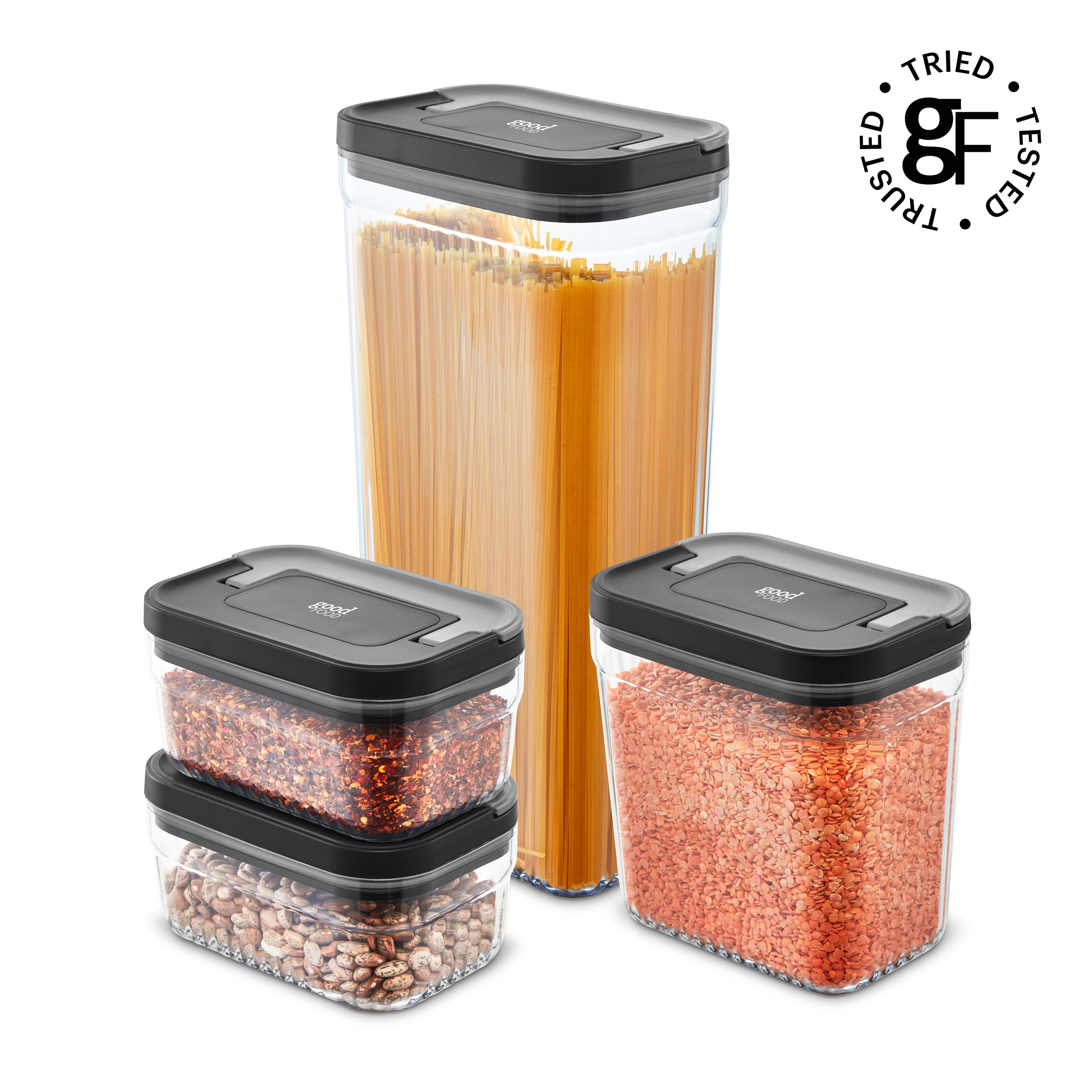 GF847080 Good Food in partnership with Tower 4 Piece Food Storage Set, Stackable Design, 1x Large, 1x Medium, 2 x Small, Transparent