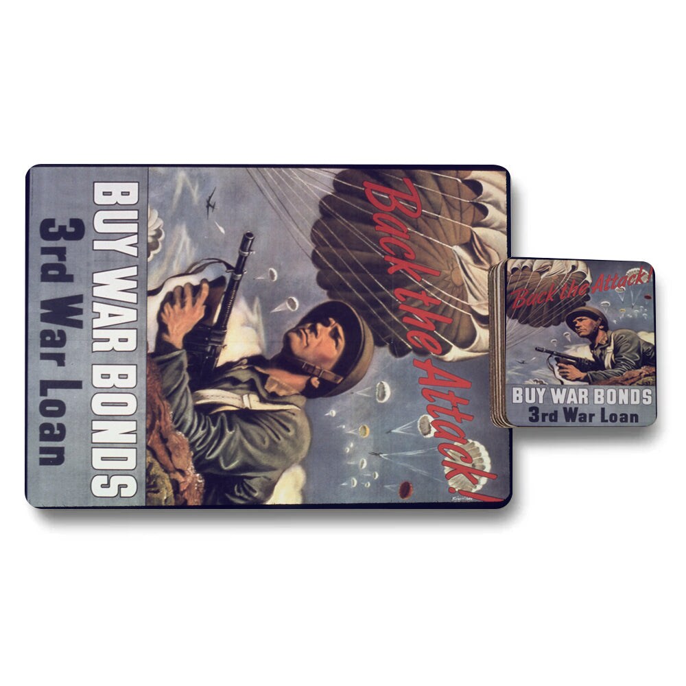 Placemat Coaster Set Vintage War Bond Art With Wood Bottom Limited Edition Exclusive Collectible