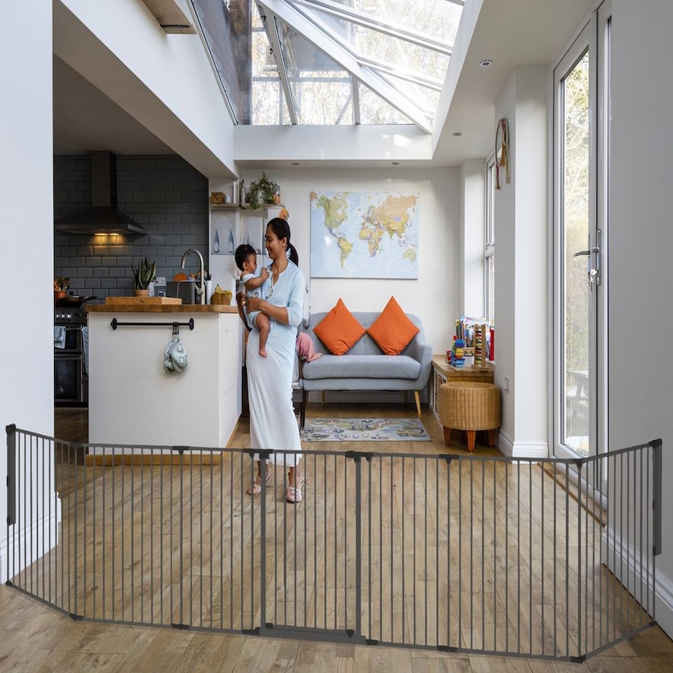 image 1 of Safetots Premium Multi Panel Room Divider, up to 115cm Wide, Grey, 70cm Tall, Flexible Barrier with Door for Baby and Toddler | Grey