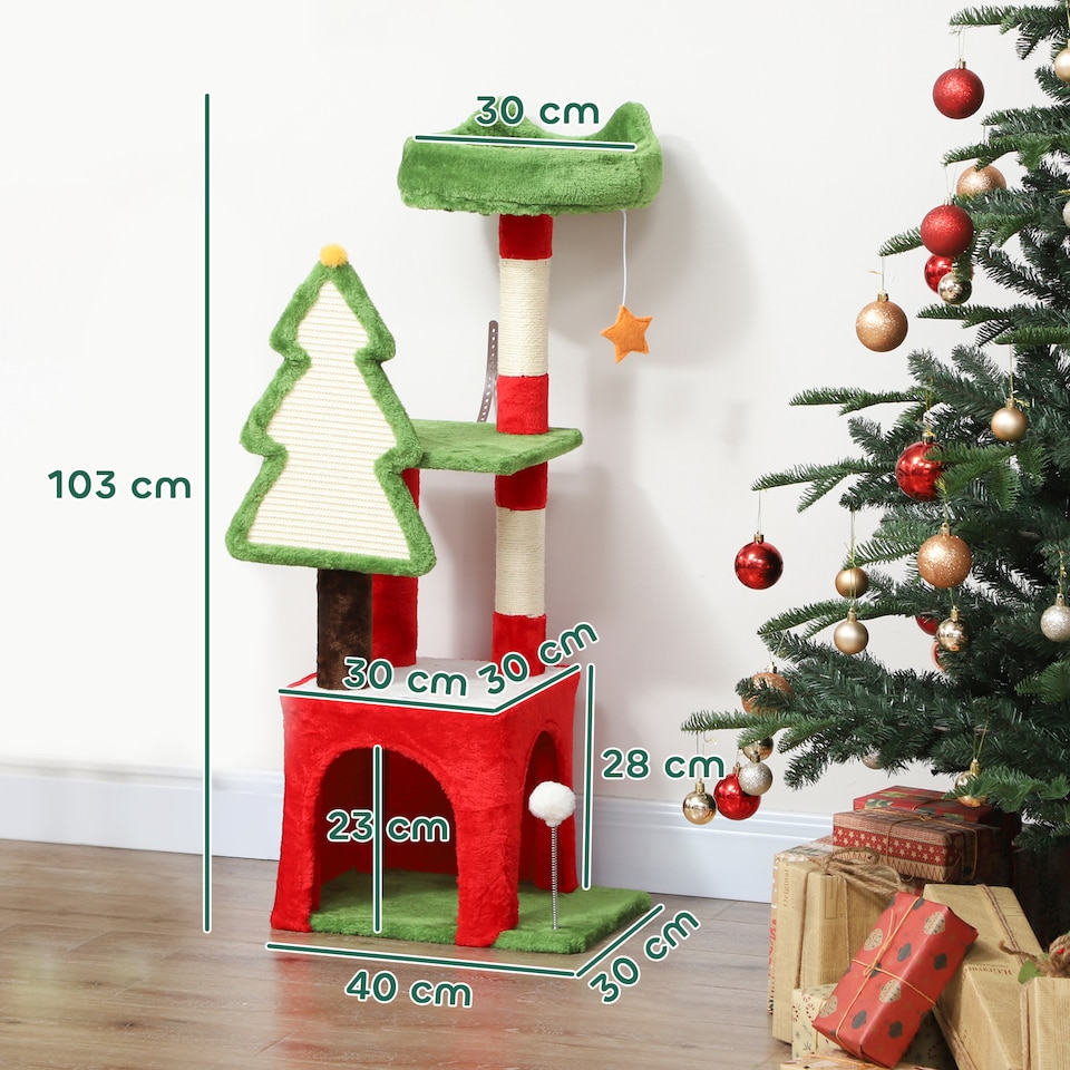 image 1 of PawHut Christmas Cat Tree, 103cm Multilevel Cat Climbing Tower with Scratching Post and Board, Condo, Platform and Toys, Kitty Activity Centre for Indoor Kittens, Green