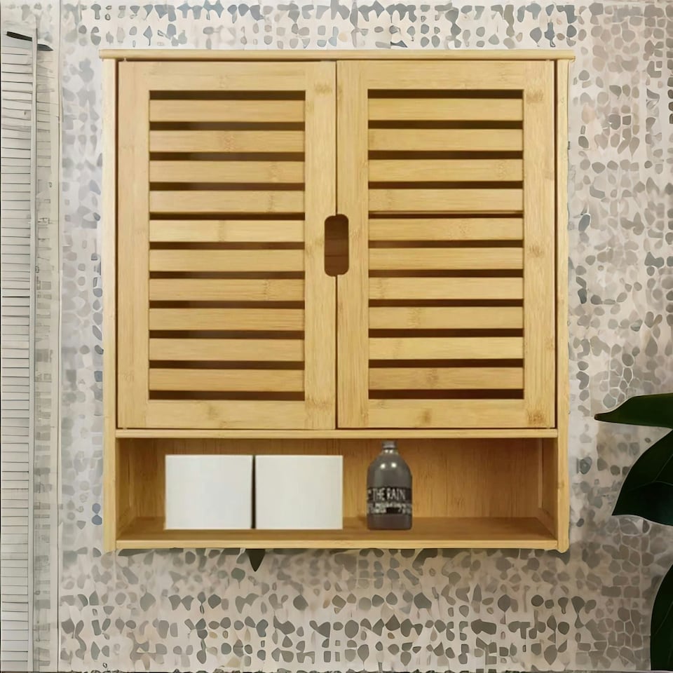 image 1 of Wooden Bathroom Wall Storage Cabinet Organiser Natural Brown Brown