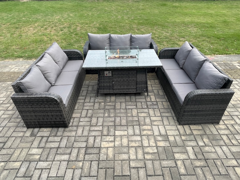 image 1 of Fimous Rattan Garden Furniture Set with Fire Pit Table 4 Pieces Outdoor Lounge Sofa Set Dark Grey Mixed