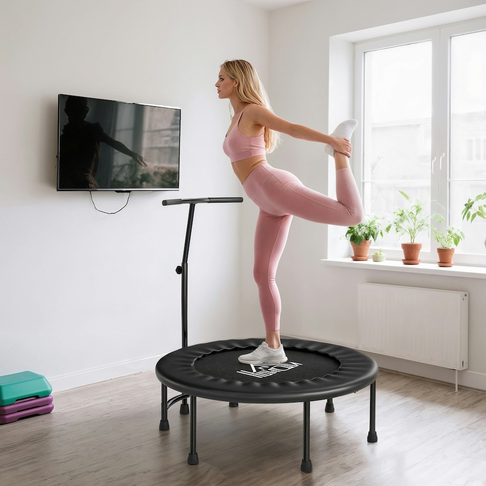 image 1 of HOMCOM 40" Mini Trampoline, Rebounder Jumper w/ Adjustable Handle, Black
