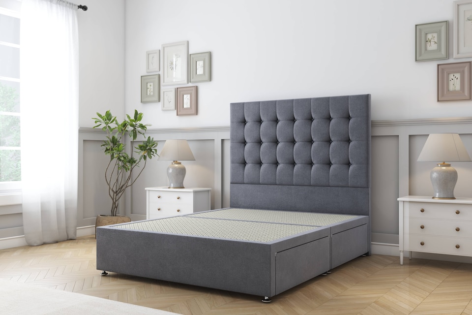 image 1 of Sloomy Alabama Steel Plush Divan Bed Base 2 Drawers Foot-End With 26 Inch Strutted Headboard | Grey | Steel | Double | 1