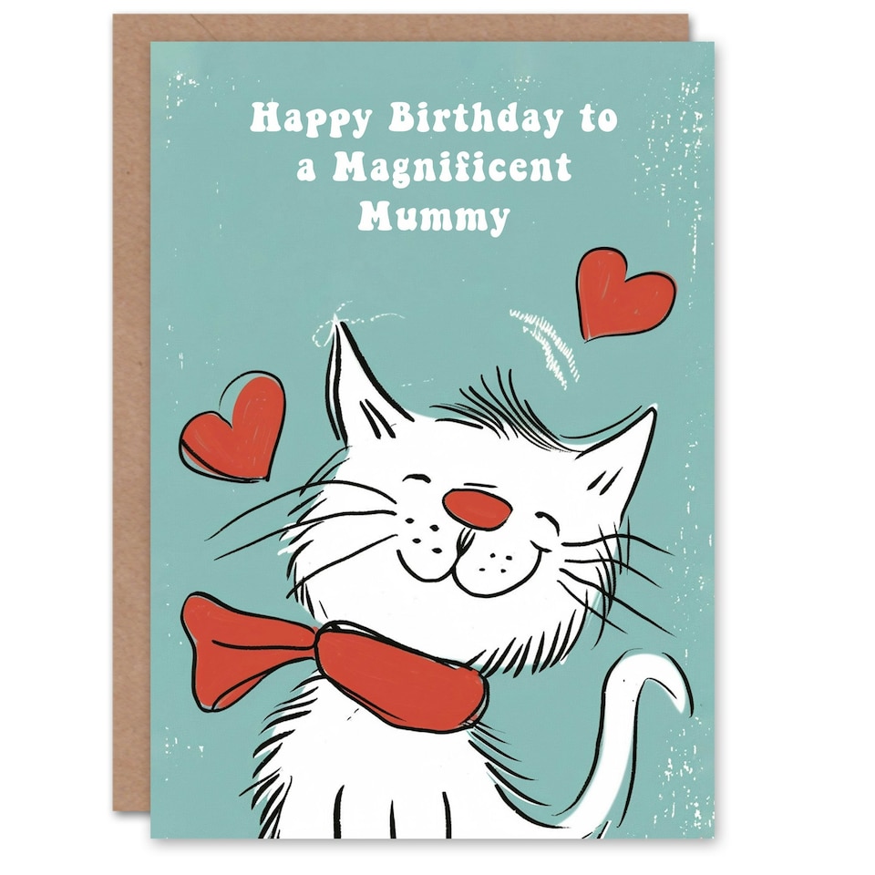 image 1 of Mummy Happy Happy White Cat Scarf Drawing Love Hearts Her Birthday Card