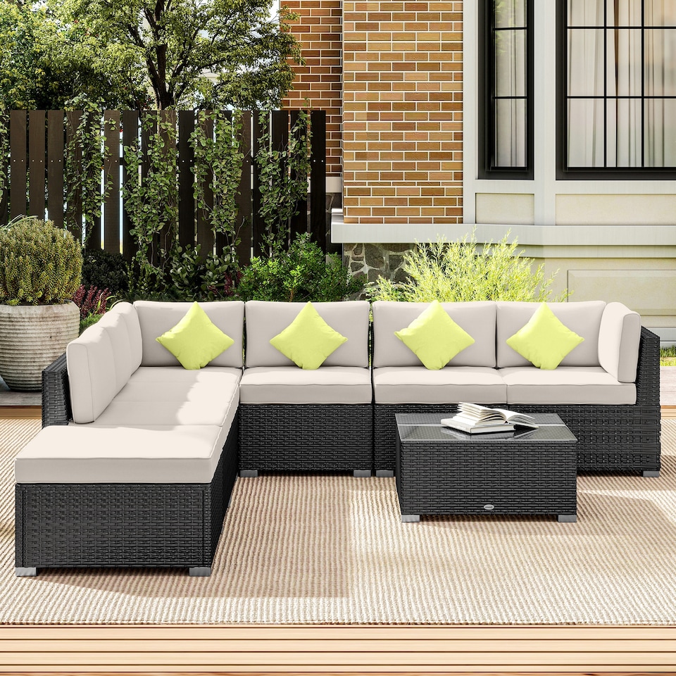 image 1 of Outsunny 8 Piece Rattan Corner Sofa Set with Wide & Deep Seat, Assembled Aluminium 7 Seater PE Rattan Garden Furniture Set with Thick Cushions and Glass Top Table for Outdoor, Conservatory, Black