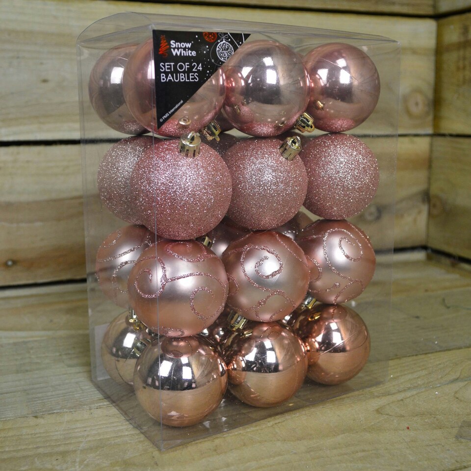 image 1 of 24 Pack 6cm Christmas Tree Baubles 4 Mixed Designs - Rose Gold / Pink