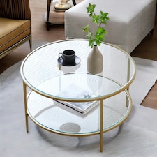 Industrial 2 Tier Round Coffee Table With Tempered Glass Gold