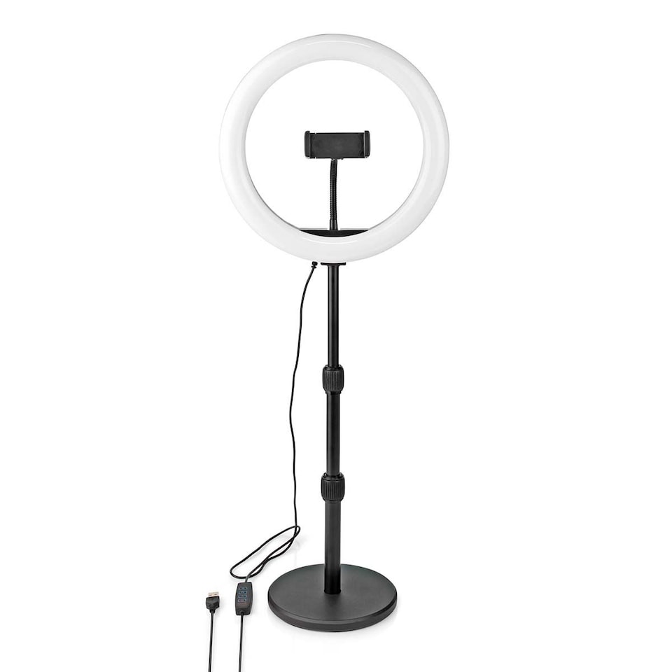 image 1 of Nedis Ring Light, 10" LED Ring Lamp with 120 LEDs on Aluminium Table Stand, USB Powered, with Flexible Phone Holder, 10 Light Modes