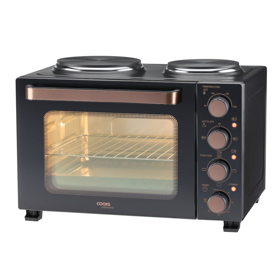 image 1 of Cooks Professional 28L Mini Oven with 2 Hobs - Electric Multifunction Countertop Cooker | Black | Black & Copper