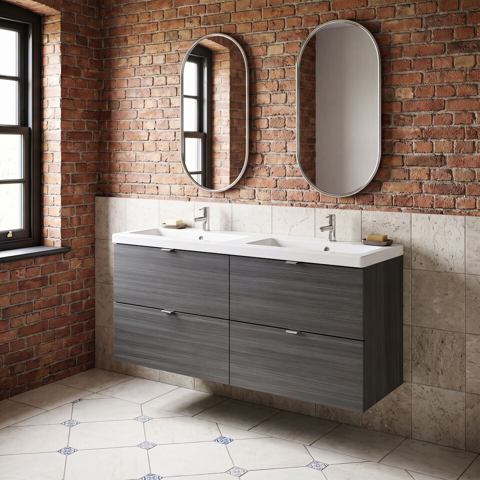 image 1 of Balterley Alrewas Contemporary 4 Drawer Wall Hung Vanity Unit with Basin, Anthracite Woodgrain, 1200mm