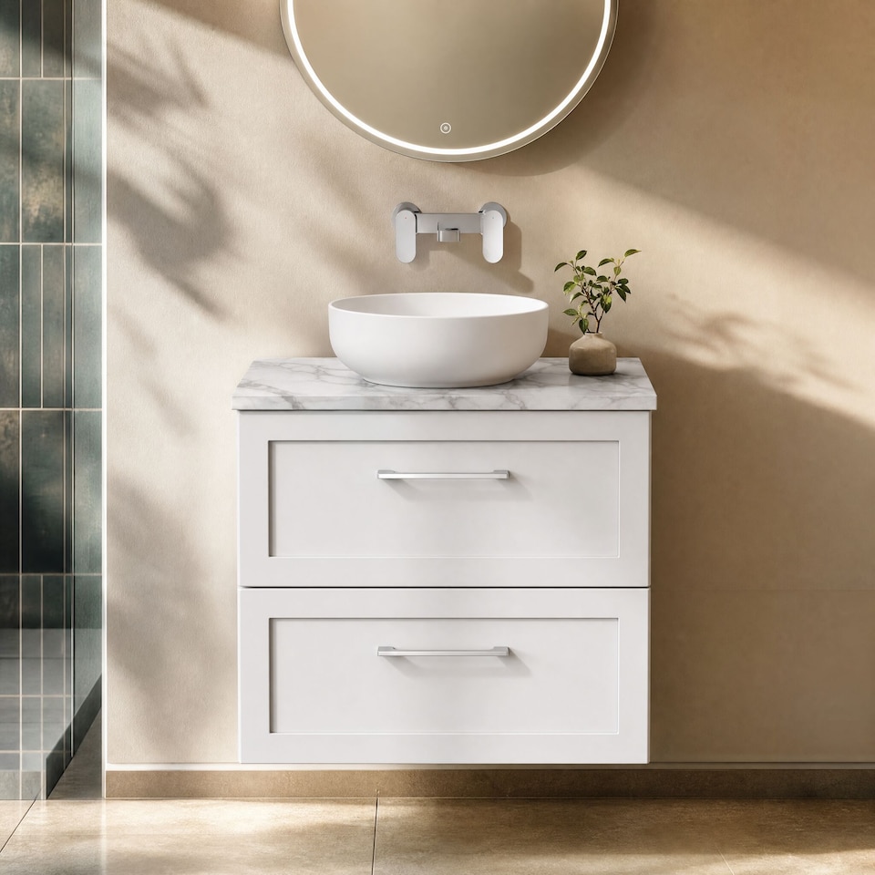 image 1 of Balterley Stonnall Traditional Wall Hung 2 Drawers Vanity Unit with Carrera Marble Laminate Worktop, 600mm, Matt White