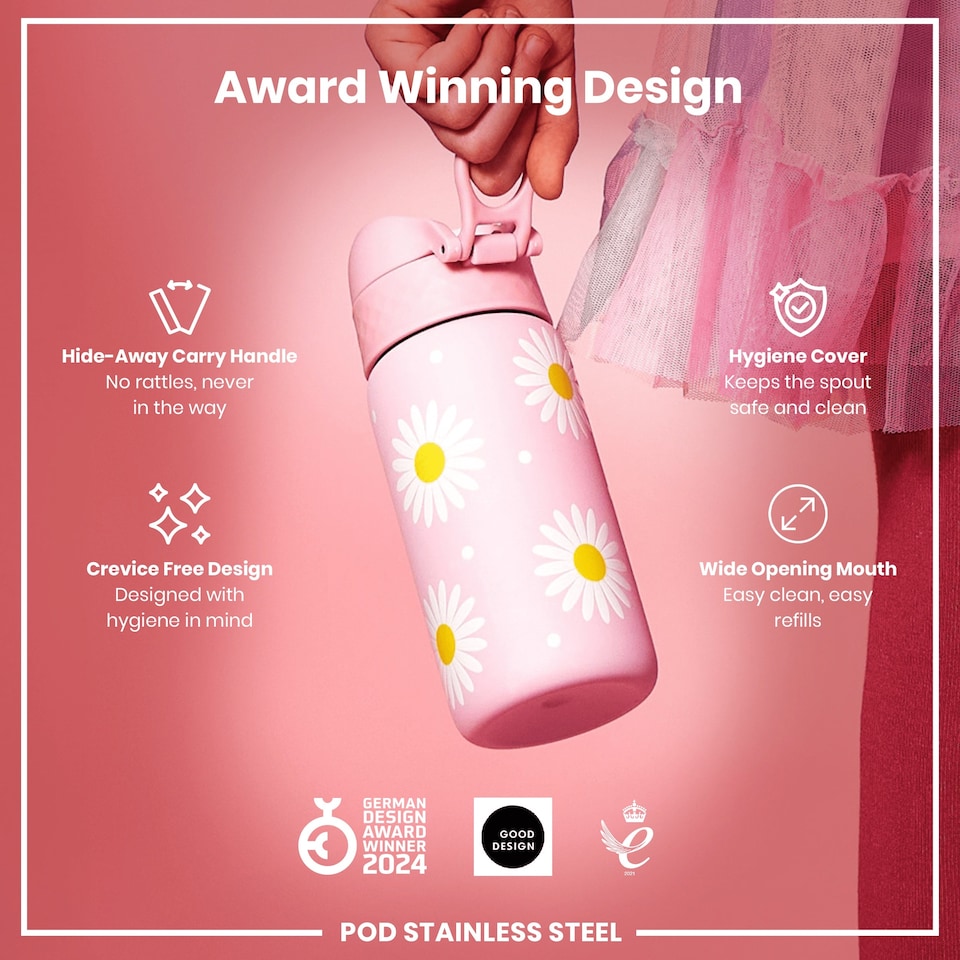 image 1 of Leak Proof Kids Water Bottle, Stainless Steel, 400ml (13oz) | Pink | Daisies | One Size