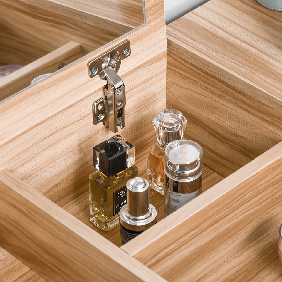 image 1 of HOMCOM Dressing Table with Flip-Up Mirror and Cushioned Stool, Makeup Vanity Desk with Hidden Compartments and Storage Drawer, Convertible Writing Table for Bedroom, Natural