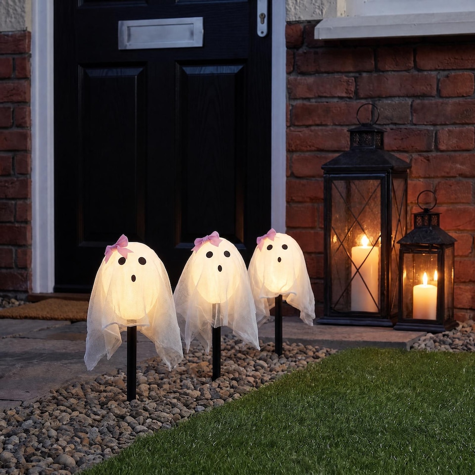image 1 of OHS 3 Pack Halloween Illuminated Ghost Stake Lights Reusable Outdoor Garden Pathway Markers