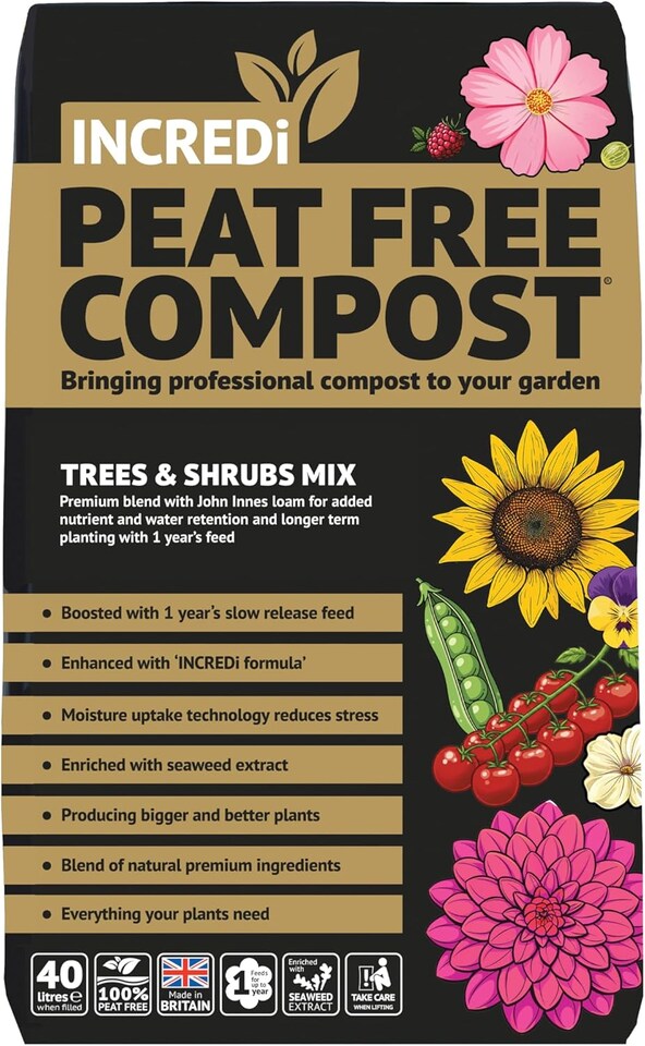 INCREDiPeatFree Premium Tree & Shrub Compost with John Innes Peat Free Growing Medium 40L + 120g INCREDibloom Fertiliser