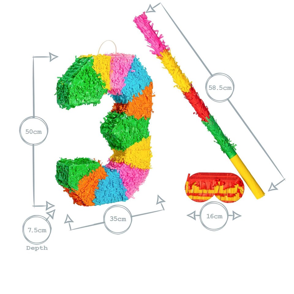 image 1 of Pinatas Number 3 Cardboard Pinata, Stick and Blindfold Set - W35cm x D7.5cm x H50cm - Multi