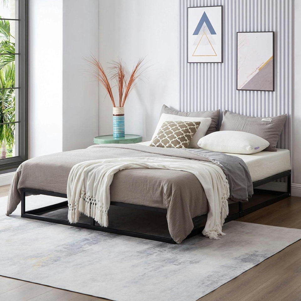 image 1 of Double Bed Frame Extra Strong Platform Metal Frame Bedroom Easy Build