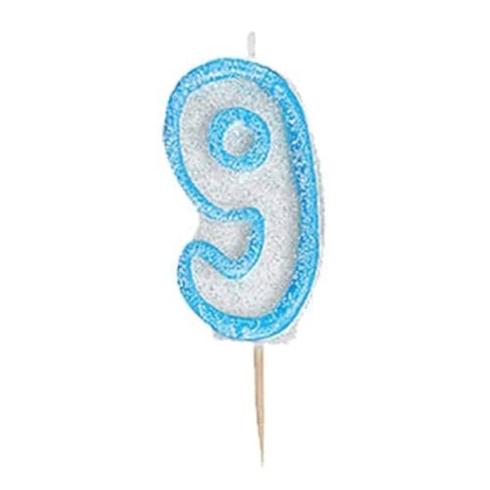 Blue Glitz Theme Number Candle - Number 9