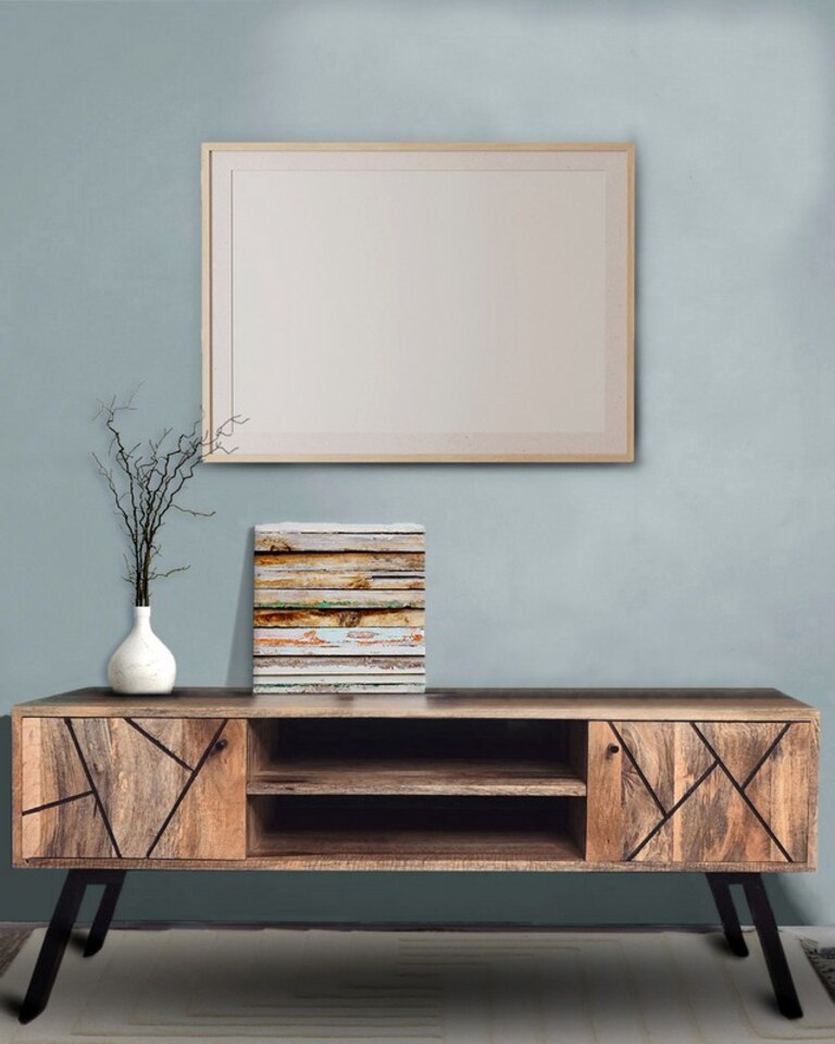 image 1 of Amar Plasma TV Unit- Iron Base - Mango Wood/Iron - L35 x W118 x H46 cm - Light Finish - Assembly Required