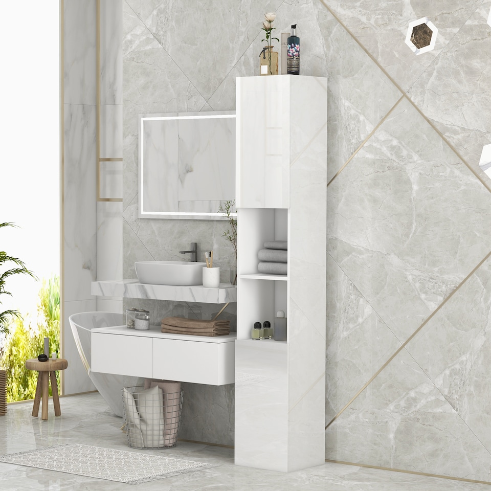 image 1 of kleankin High Gloss Bathroom Cabinet, Free Standing Storage Cupboard with Doors and Adjustable Shelves, White