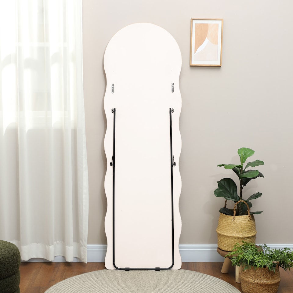 image 1 of HOMCOM Irregular Wavy Mirror Full Length, 160  50cm Free Standing, Leaning or Wall Mirror with Velvet Wrapped Frame and Arched Top for Living Room, Bedroom, White and Pink