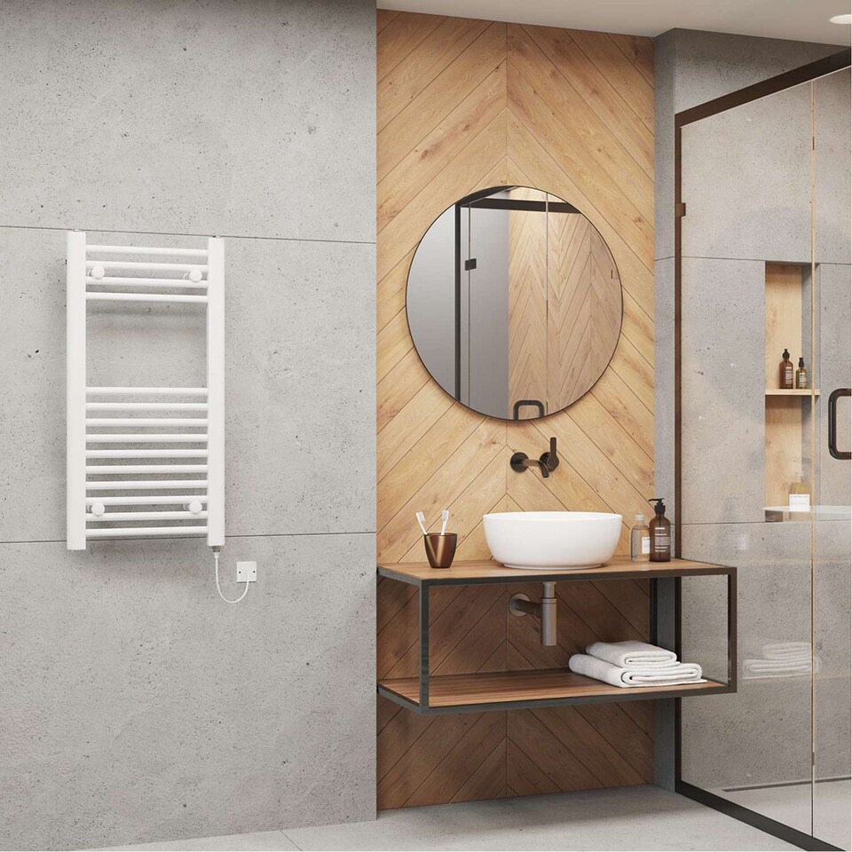 image 1 of Zennor Straight Electric Towel Rail Standard Heated Bathroom Radiator - White (H) 800mm x (W) 400mm - 200W
