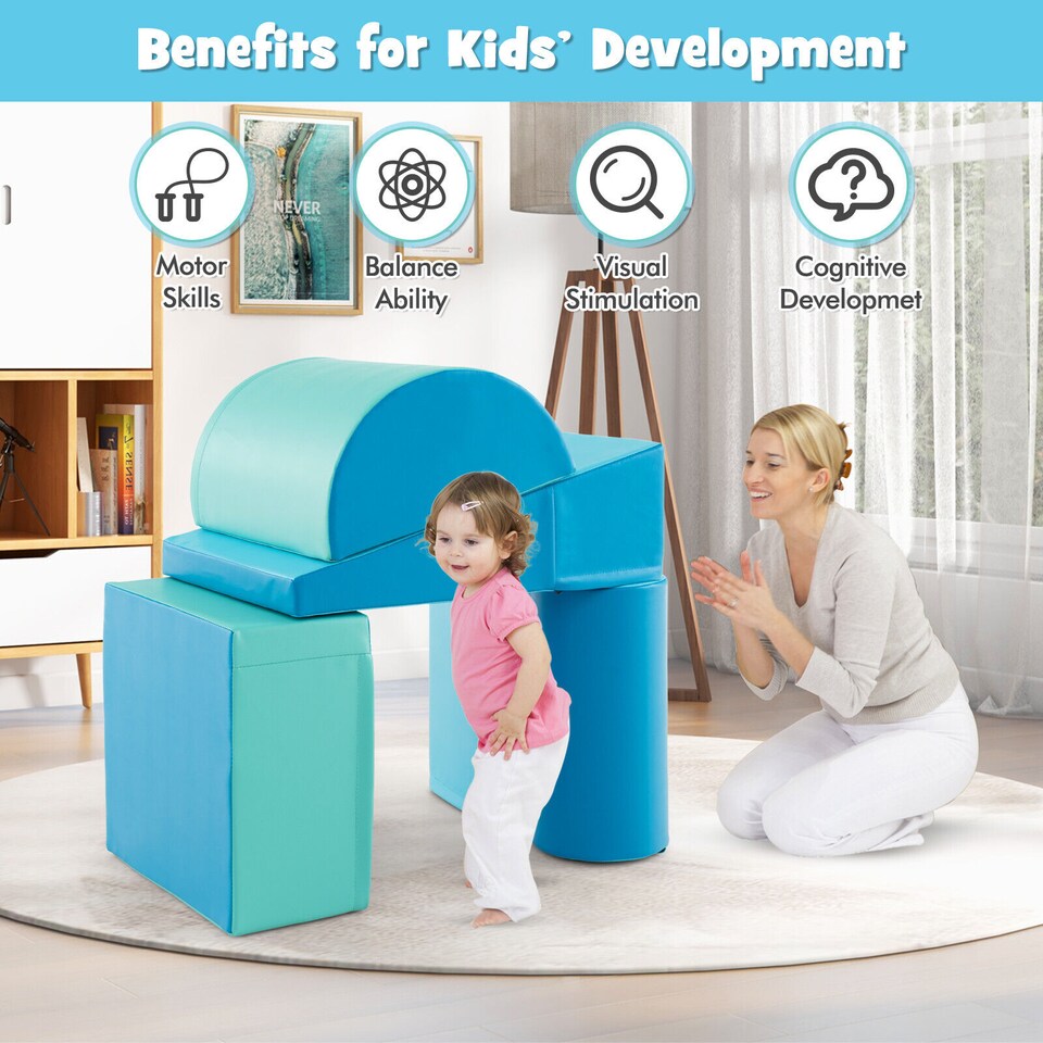 image 1 of COSTWAY 5 Pieces Kids Climb Crawl Foam Play Set Colorful Educational Software-Navy