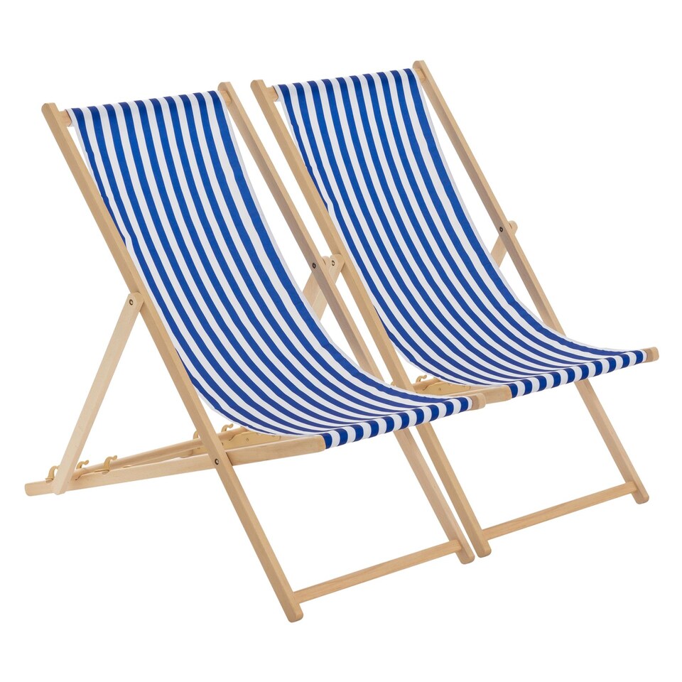 image 1 of Harbour Housewares Folding Wooden Deck Chairs - Navy Stripe - Pack of 2 | Blue | Blue