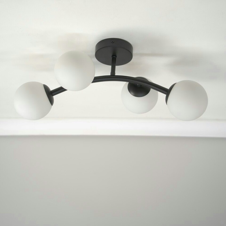 image 1 of ValueLights Jas Black 4 Way Ceiling Light with Opal White Frosted Glass Globe Shades