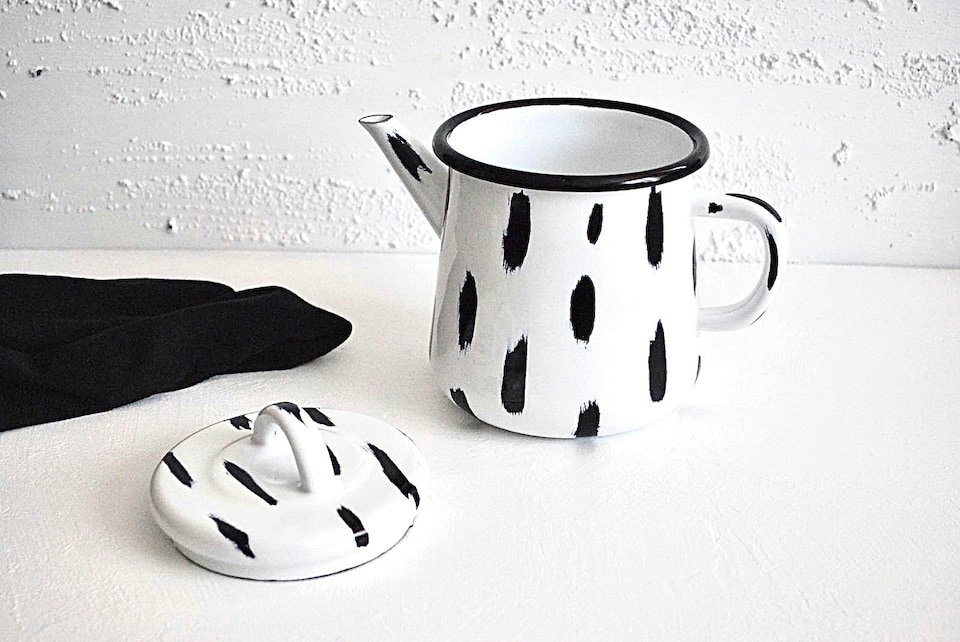 image 1 of Stripe Collection Enamel Two Mugs & Teapot Gift Set