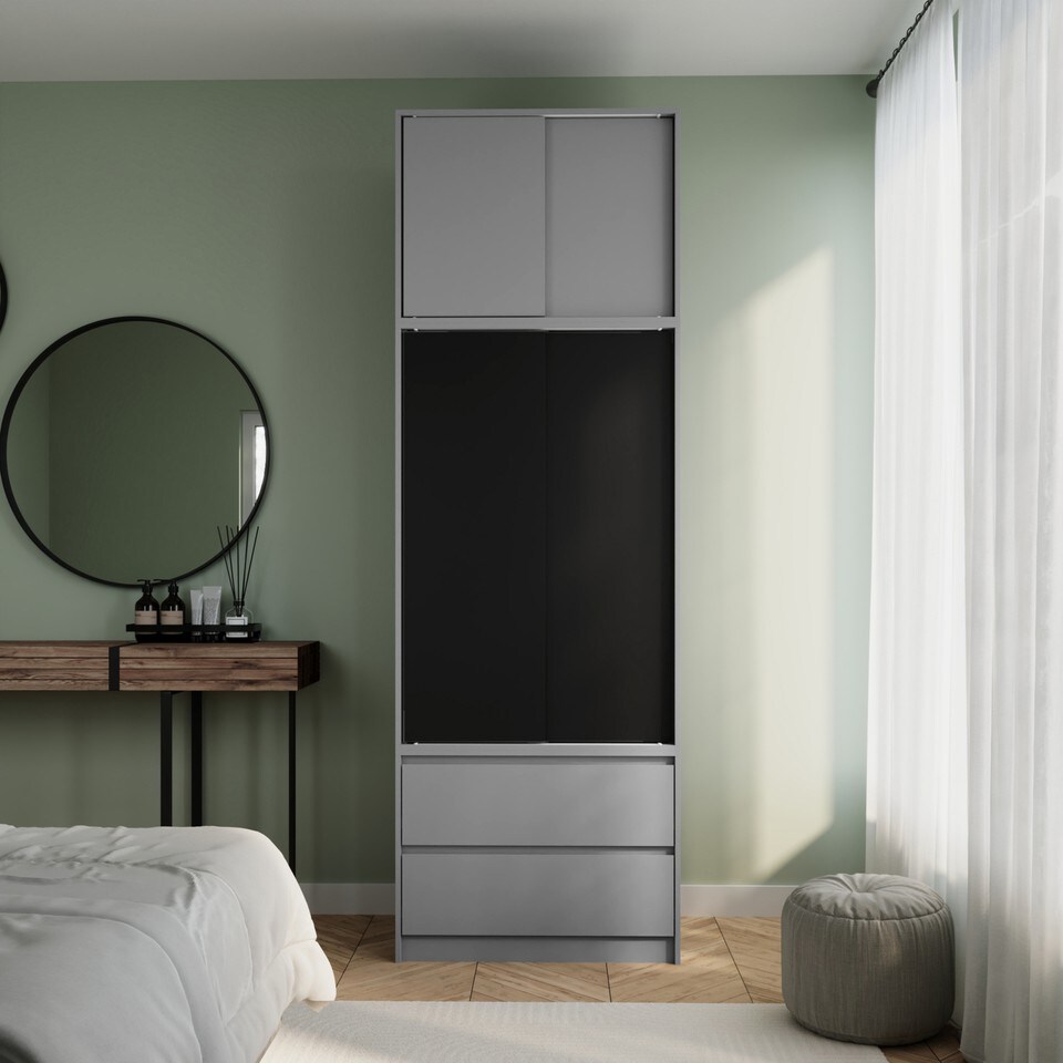image 1 of 240cm 2 Sliding Doors Wardrobe Bedroom Storage Closet Hanging Rail Cupboard Unit | Multi | Grey Carcass & Black Doors | 1