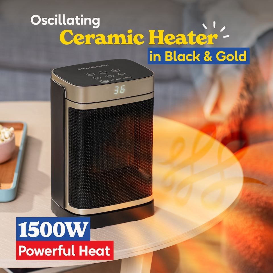 image 1 of Russell Hobbs RHCH2001G Space Heater in Black & Gold Square 1500W Portable Electric Heater