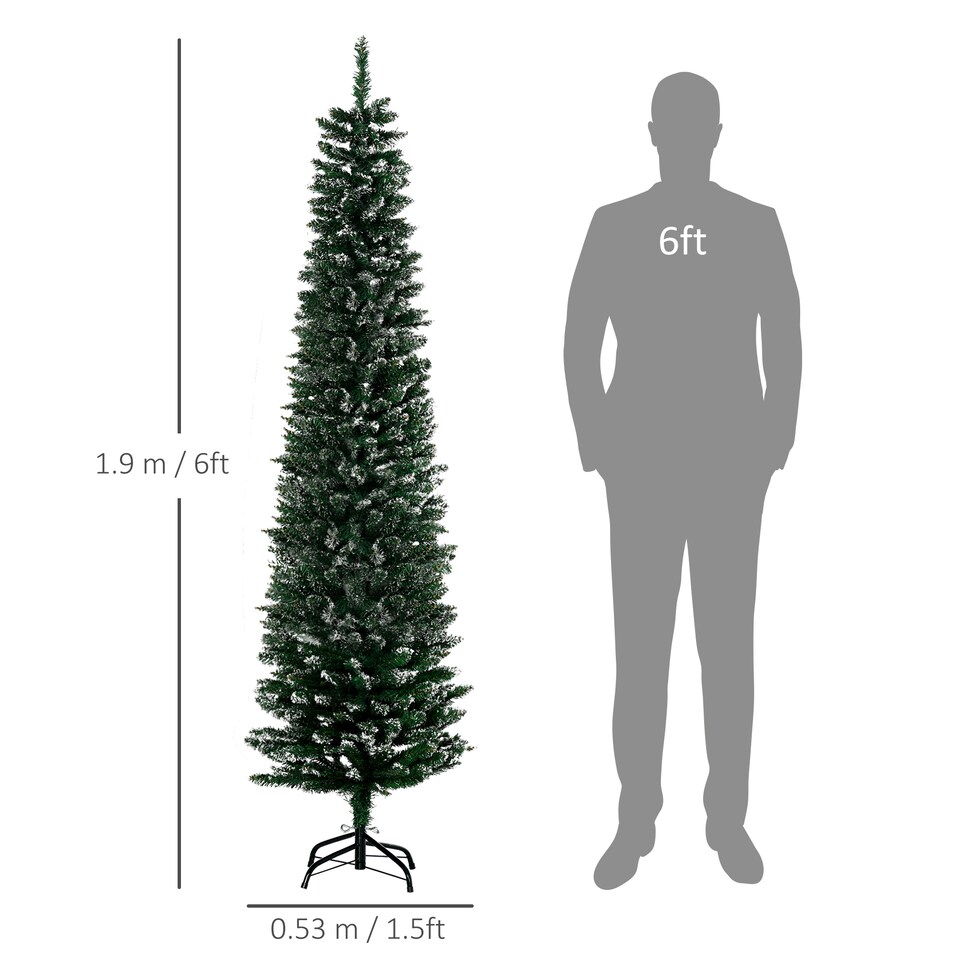 image 1 of HOMCOM 6FT Artificial Snow Dipped Christmas Tree mas Pencil Tree Holiday Home Indoor Decoration with Foldable Black Stand, Green