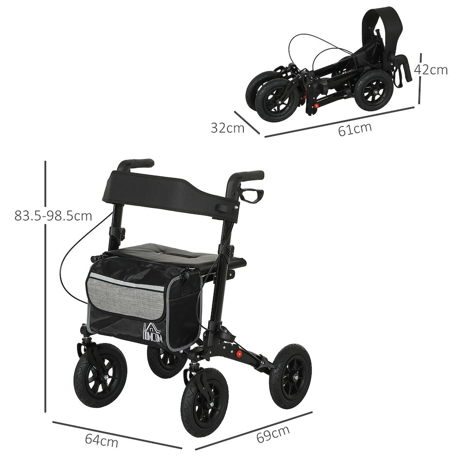 image 1 of HOMCOM Folding Rollator Walker with Padded Seat, Backrest, Lightweight Walking Frame with Storage Bag, Dual Brakes, All-terrain Wheels, Adjustable Handle Height, 4 Wheeled Walker for Seniors, Black