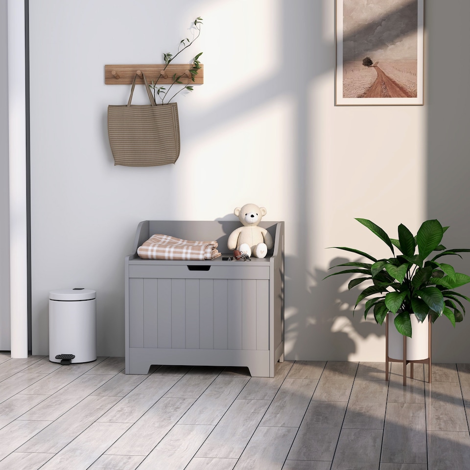 image 1 of HOMCOM Storage Chest, Storage Trunk with Safety Hinge and U-shaped Cut-out Pull, Wooden Storage Box for Living Room, Entryway, 56.5 x 38 x 56 cm, Grey | Grey | Grey