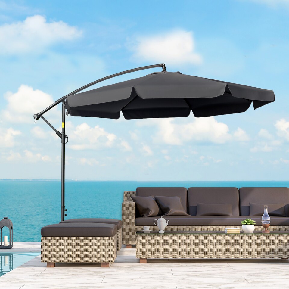 image 1 of Outsunny 2.7m Garden Banana Parasol Cantilever Umbrella with Crank Handle and Cross Base for Outdoor, Hanging Sun Shade, Black