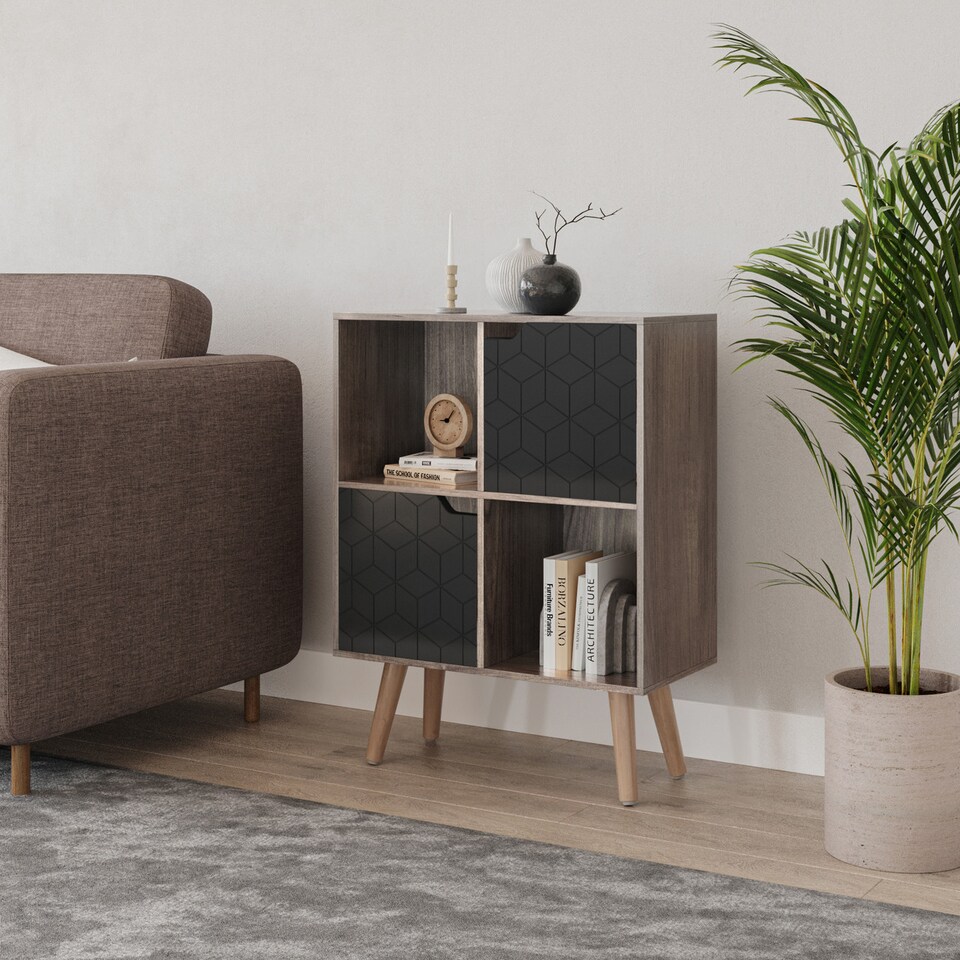 image 1 of Anthracite Oak 4-Cube Storage Unit with 2 Geo Doors and Legs | Black | Black & Beech | 1