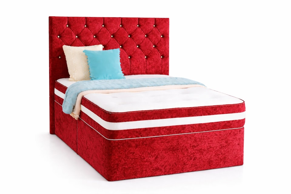 Chesterfield Red Crushed Velvet Small Double 4ft  Divan Bed With 54inch Floorstanding Headboard and Mattress No Drawers