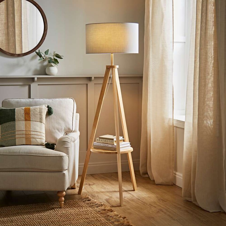 image 1 of ValueLights Morrigan Grey Shade Wooden Tripod Floor Lamp & Bulb | Grey