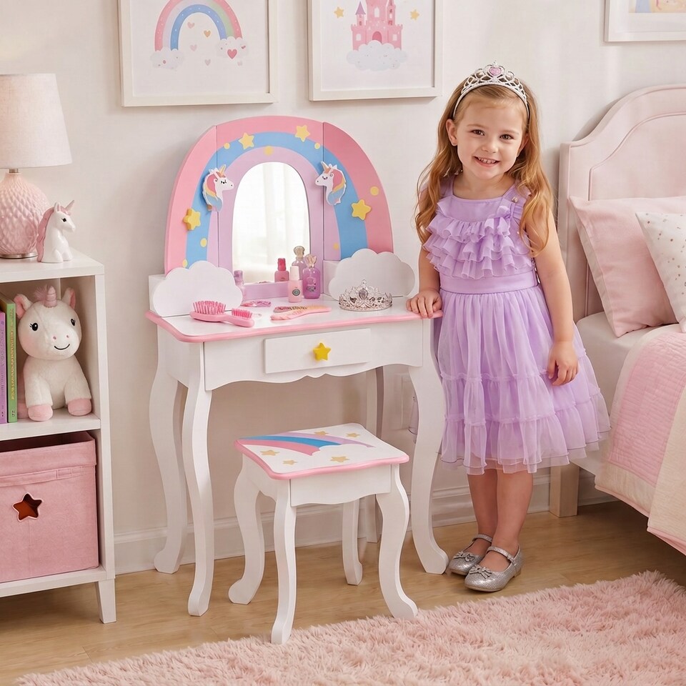 image 1 of Teamson Kids Play Vanity with Mirror, Pegs & Stool, Rainbow Unicorn