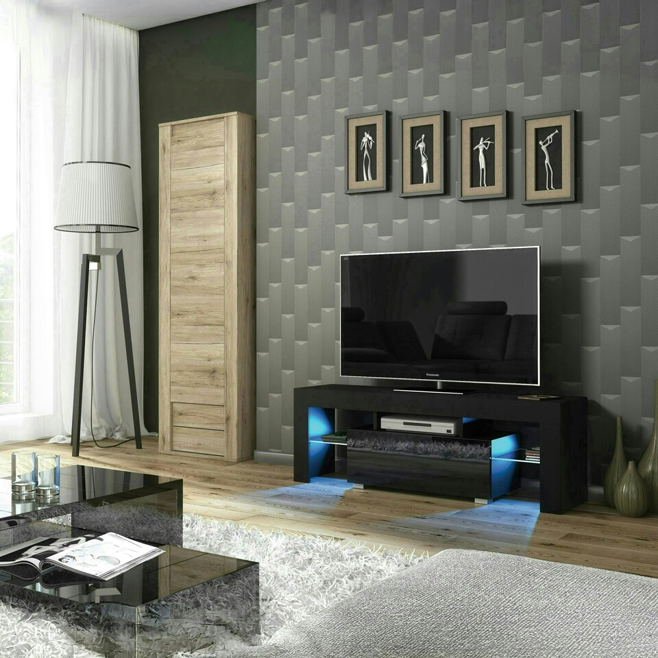 image 1 of TV Unit 130cm Black Gloss Door Black Matt Body with Glass Shelves Free LED Black