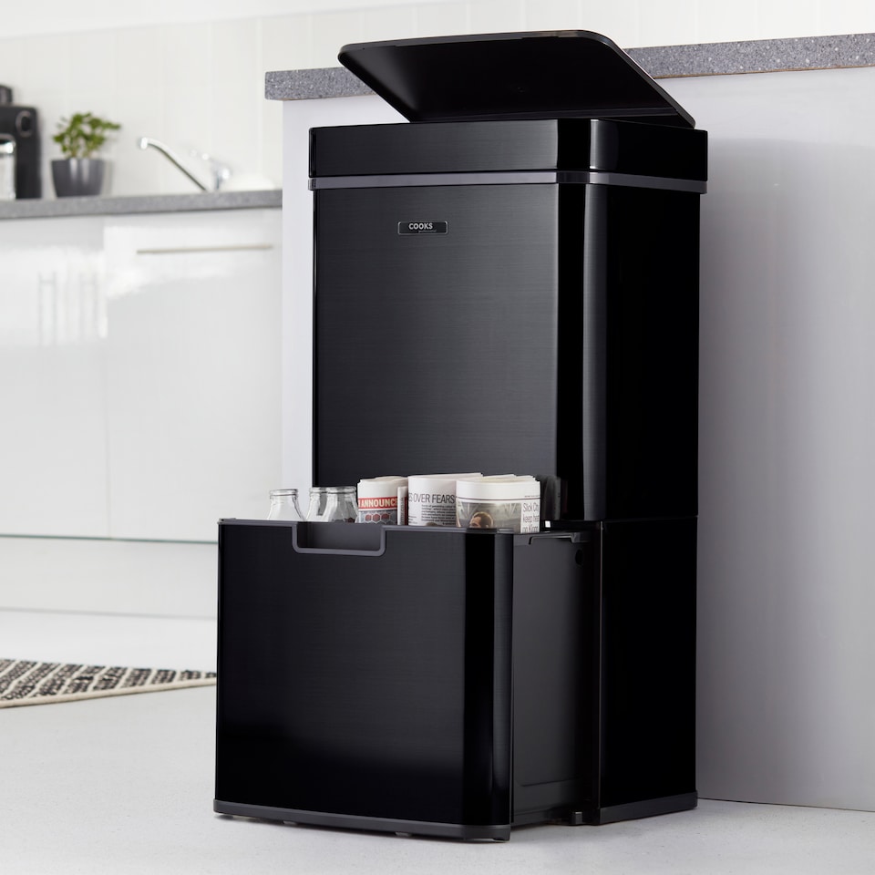 image 1 of Cooks Professional Recycling Sensor Bin 75L with Dual Compartments & Food Caddy | Black | Black