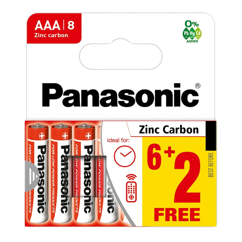 image 1 of Panasonic Zinc Carbon AAA Batteries - Pack of 6+2 | Red | AAA | 8