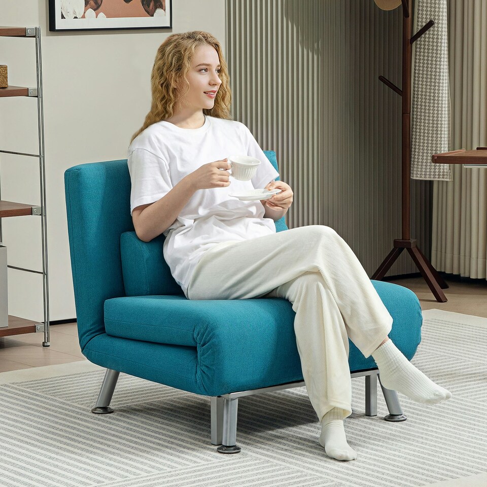image 1 of HOMCOM Single Folding 5 Position Convertible Sleeper Chair Bed Blue Blue